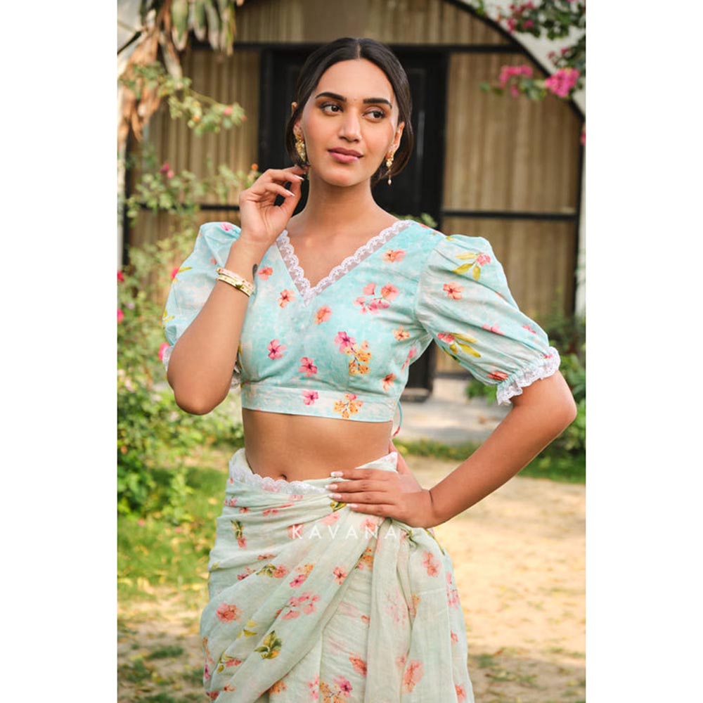 KAVANA Women Blue Floral Print Morning Dew Stitched Blouse