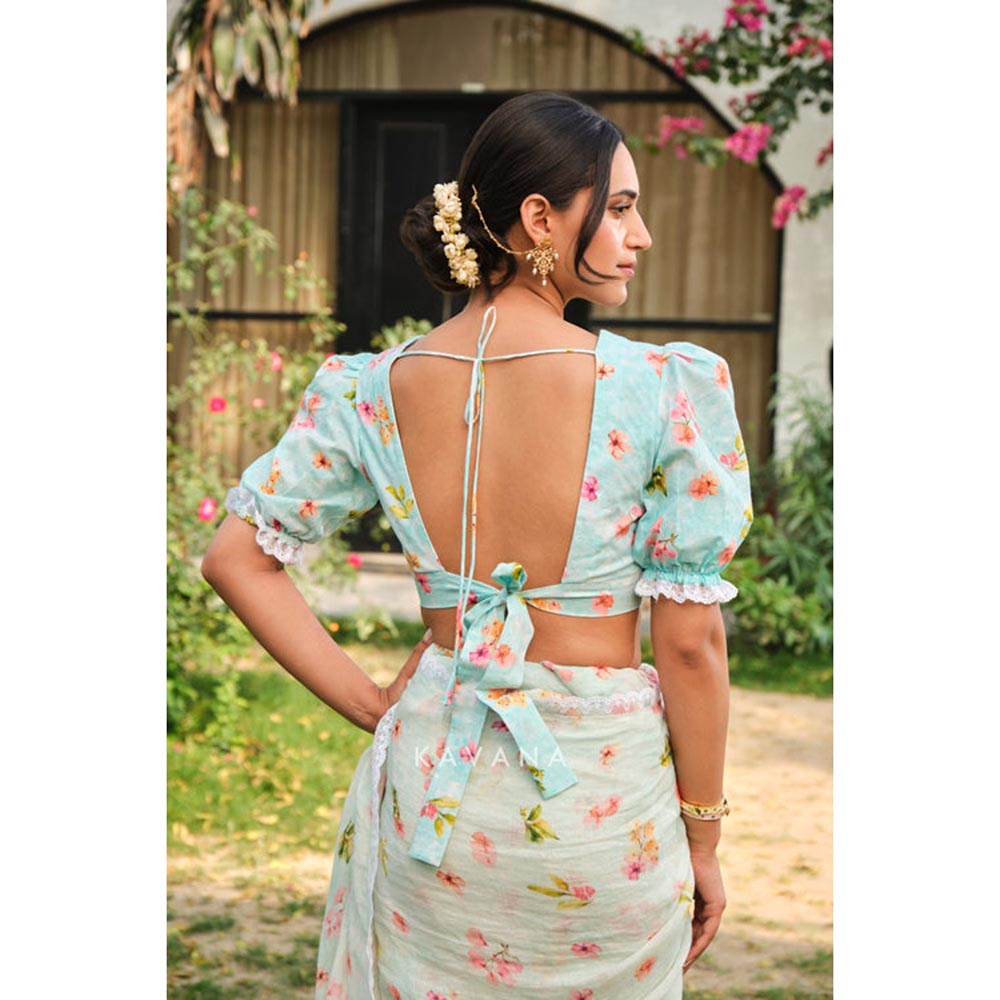 KAVANA Women Blue Floral Print Morning Dew Stitched Blouse