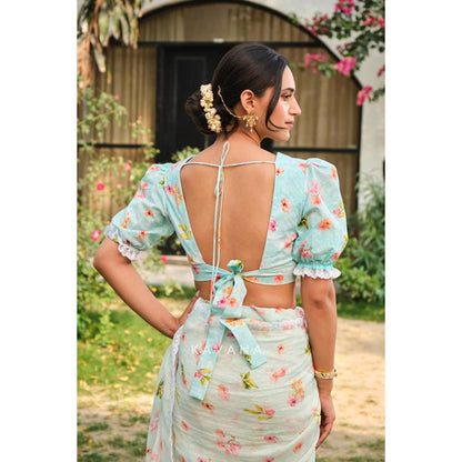 KAVANA Women Blue Floral Print Morning Dew Stitched Blouse