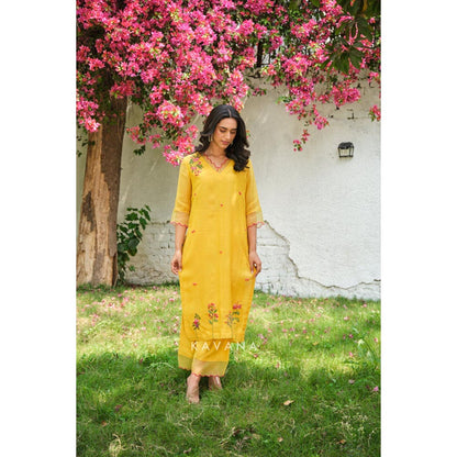 KAVANA Women Embroidered Yellow Aamras Kurta with Pant