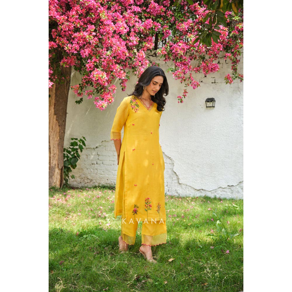 KAVANA Women Embroidered Yellow Aamras Kurta with Pant