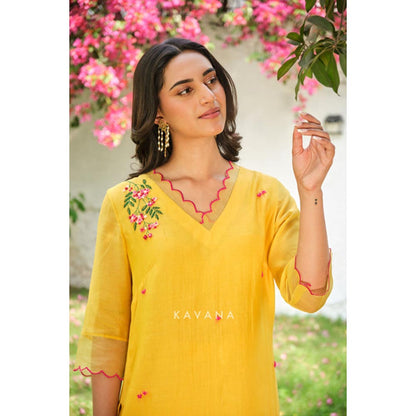 KAVANA Women Embroidered Yellow Aamras Kurta with Pant