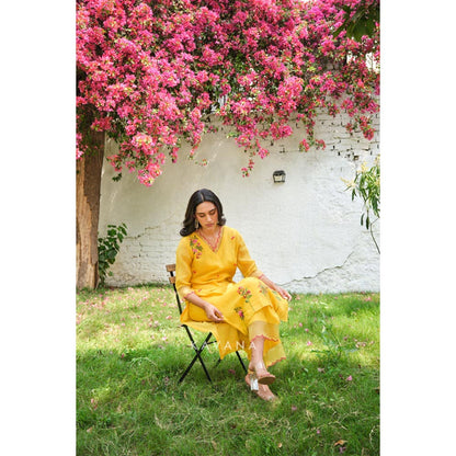 KAVANA Women Embroidered Yellow Aamras Kurta with Pant