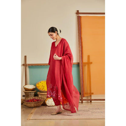 KAVANA Women Embroidered Red Rukhsaari Kurta with Pant