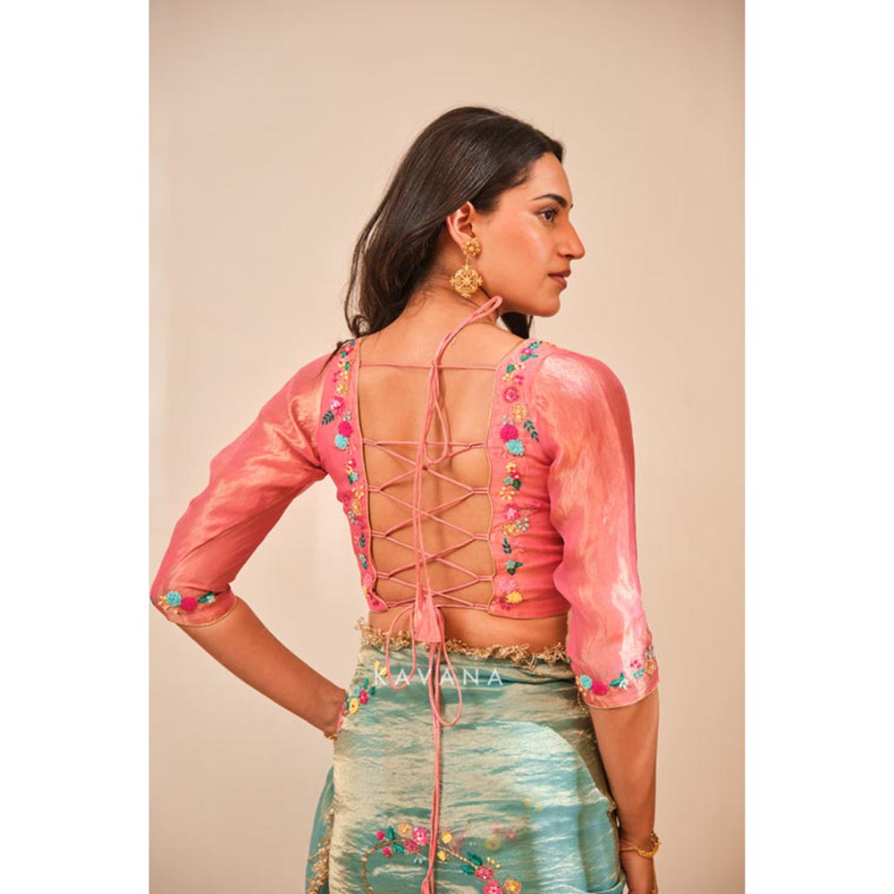 KAVANA Women Floral Embroidered Pink Emerald Bloom Stitched Blouse