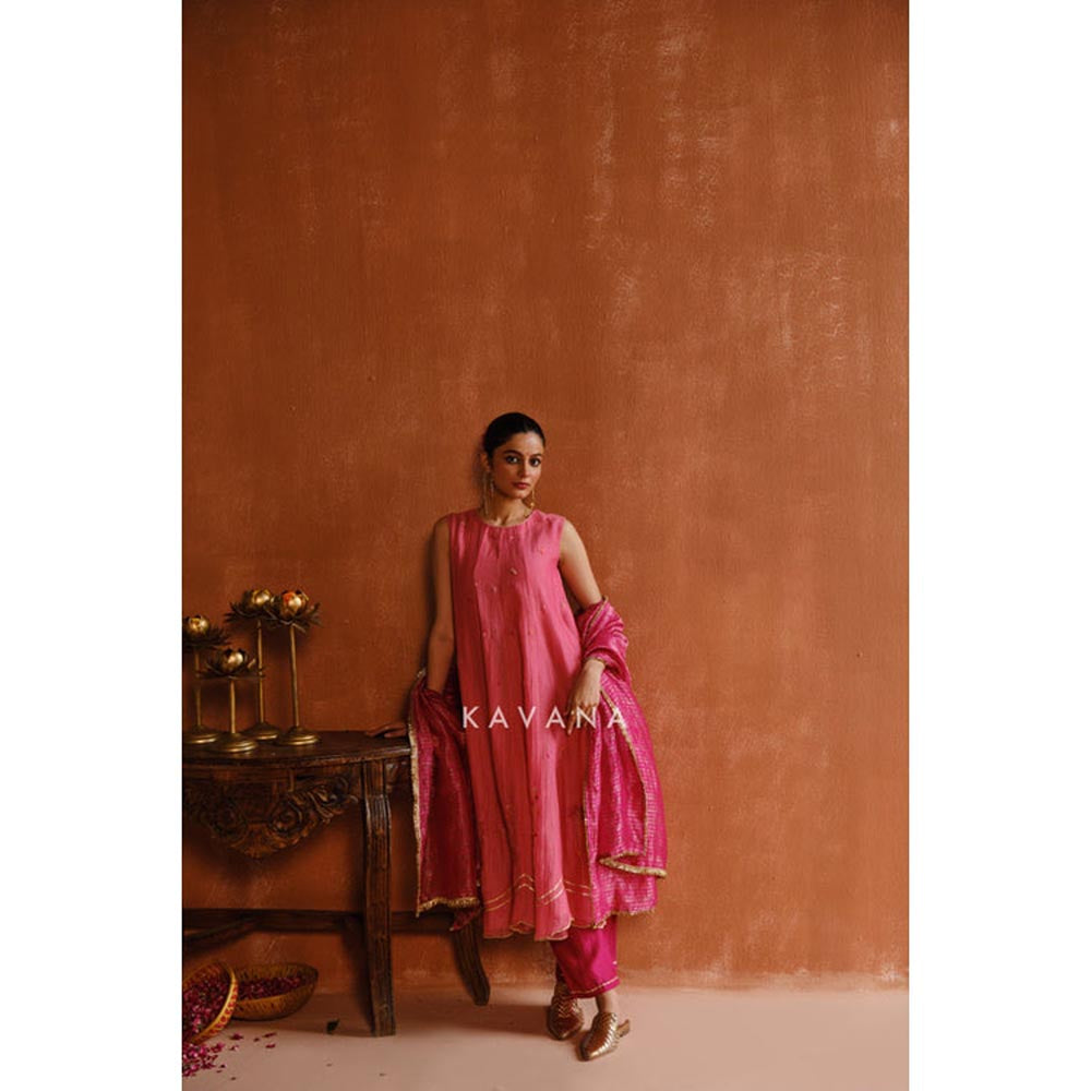 KAVANA Women Pankhuri Pink Chanderi Anarkali Kurta with Pant