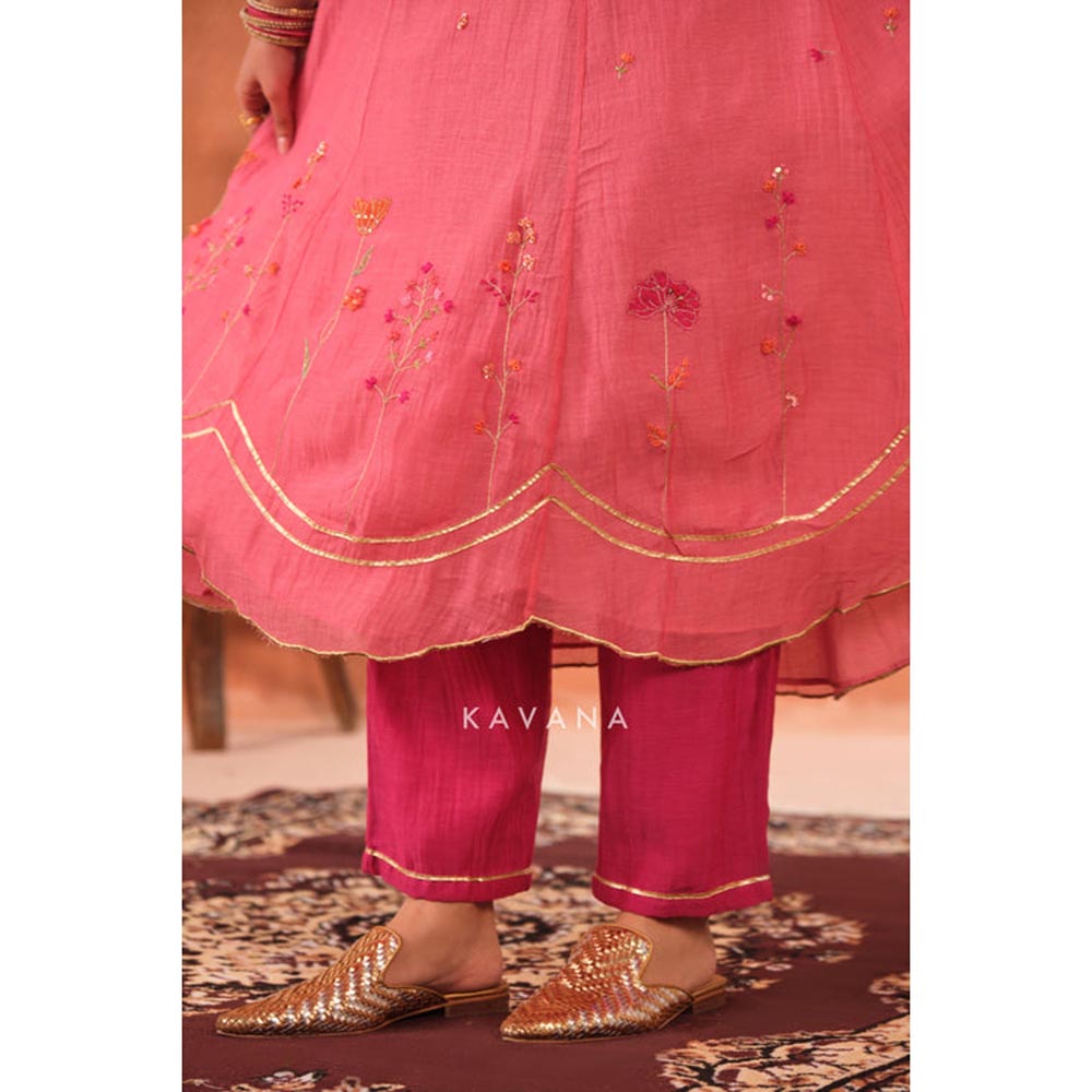 KAVANA Women Pankhuri Pink Chanderi Anarkali Kurta with Pant