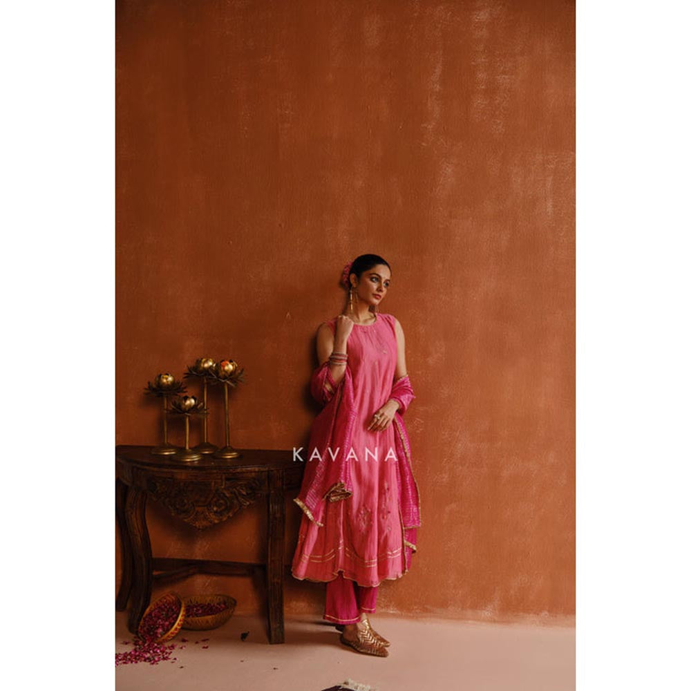 KAVANA Women Pankhuri Pink Chanderi Anarkali Kurta with Pant