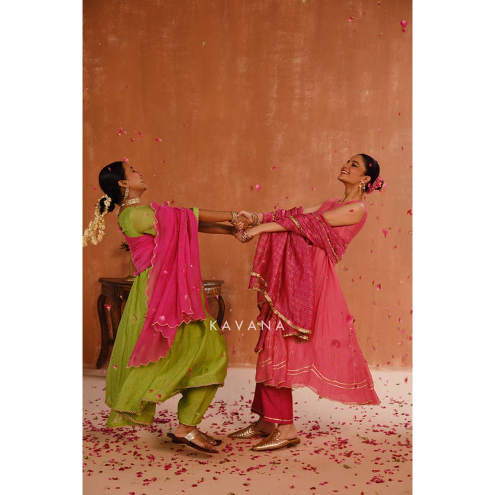 KAVANA Women Pankhuri Pink Chanderi Anarkali Kurta with Pant