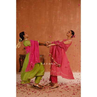 KAVANA Women Pankhuri Pink Chanderi Anarkali Kurta with Pant