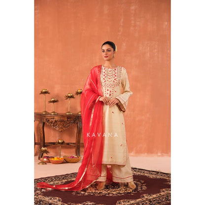 KAVANA Women Embroidered White Ritu Raw Silk Kurta with Palazzo