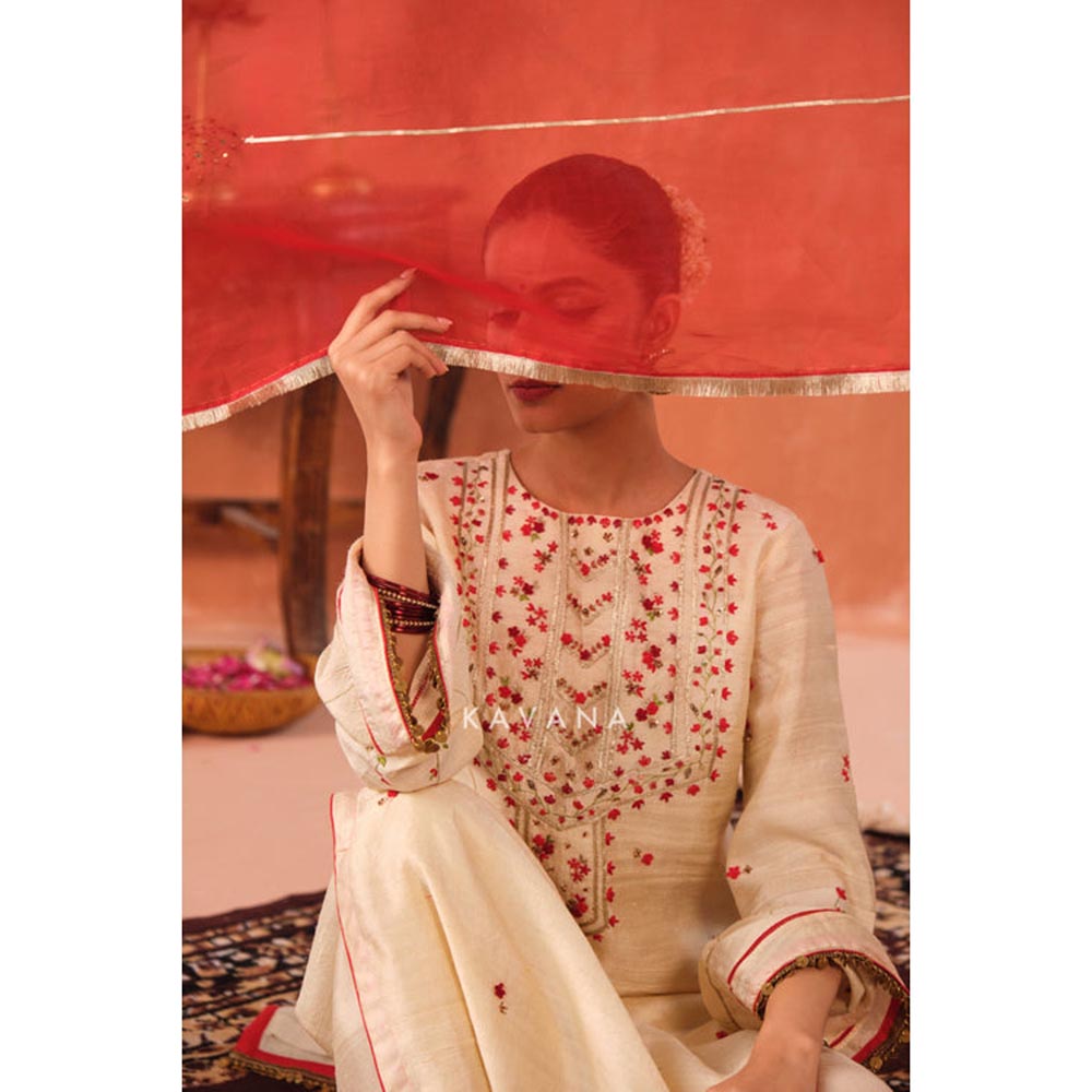 KAVANA Women Embroidered White Ritu Raw Silk Kurta with Palazzo