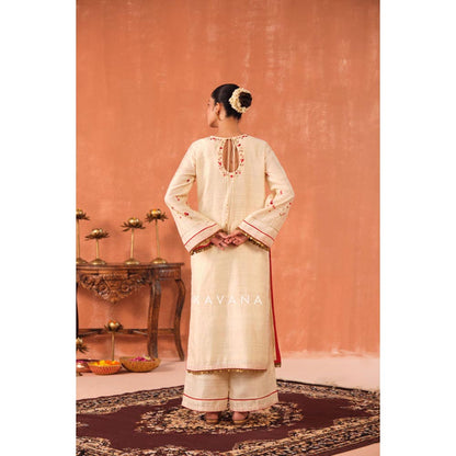 KAVANA Women Embroidered White Ritu Raw Silk Kurta with Palazzo