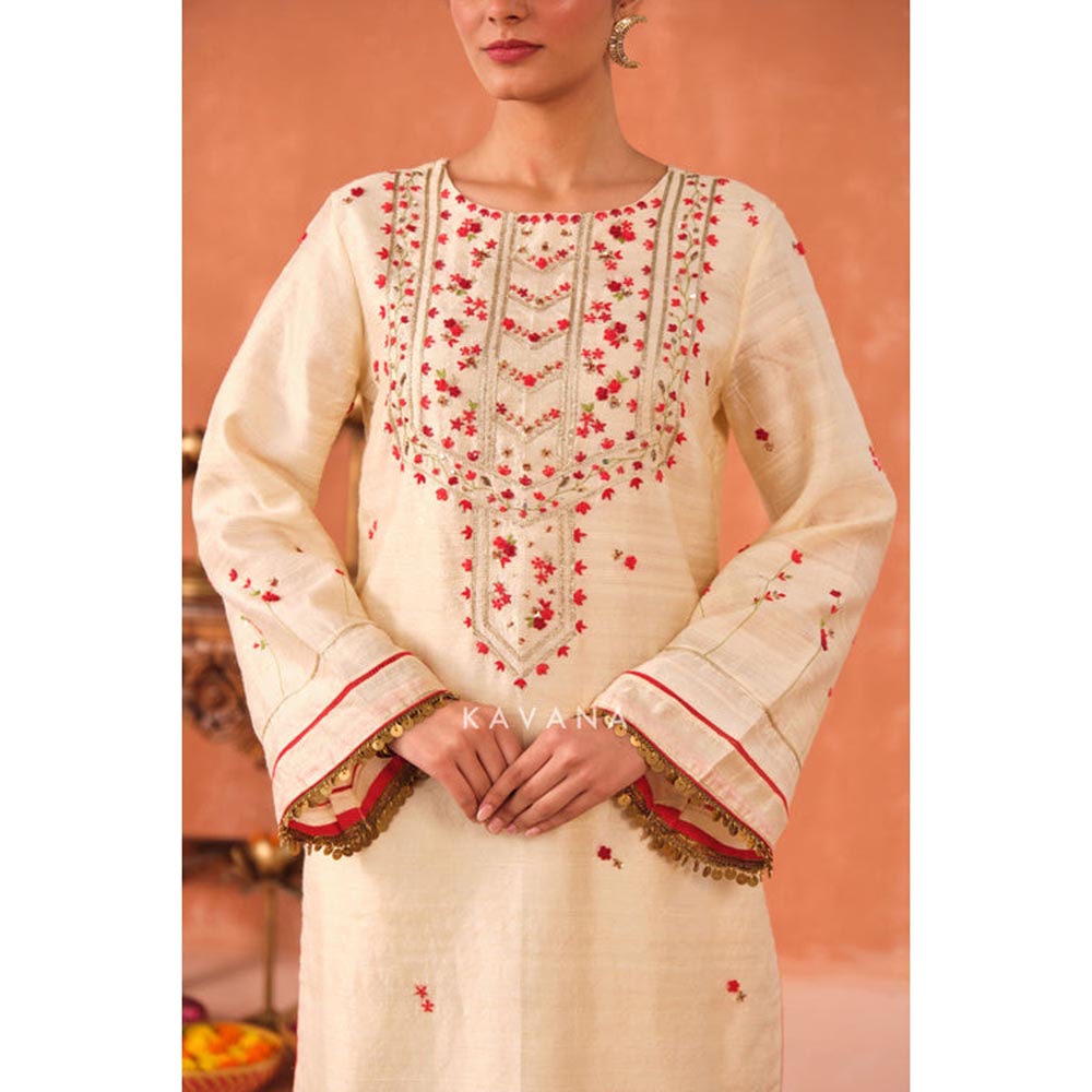 KAVANA Women Embroidered White Ritu Raw Silk Kurta with Palazzo