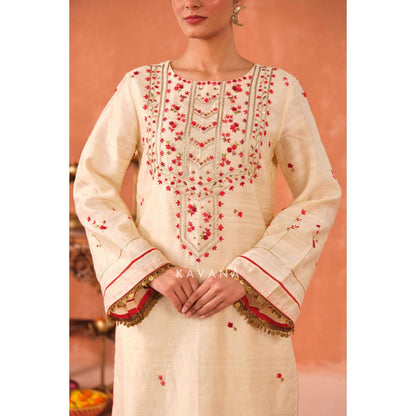 KAVANA Women Embroidered White Ritu Raw Silk Kurta with Palazzo