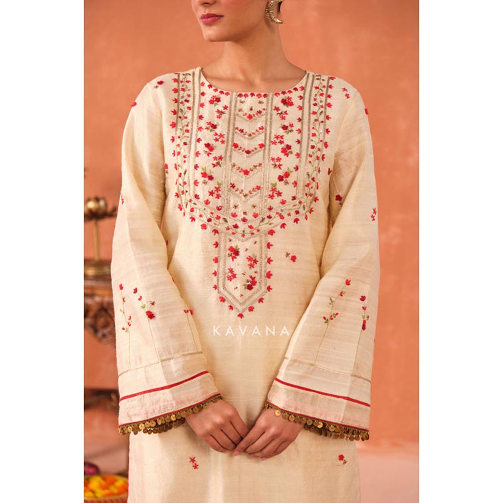 KAVANA Women Embroidered White Ritu Raw Silk Kurta with Palazzo