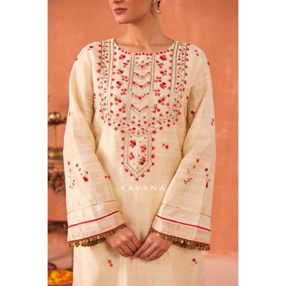 KAVANA Women Embroidered White Ritu Raw Silk Kurta with Palazzo