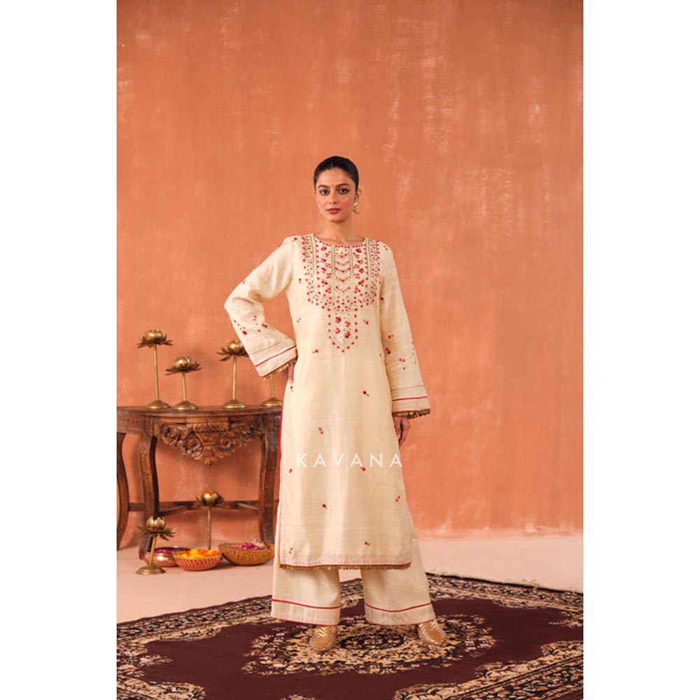 KAVANA Women Embroidered White Ritu Raw Silk Kurta with Palazzo