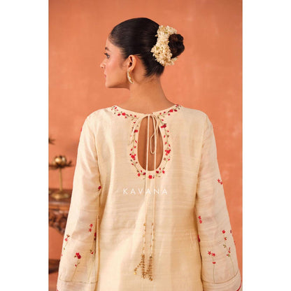 KAVANA Women Embroidered White Ritu Raw Silk Kurta with Palazzo