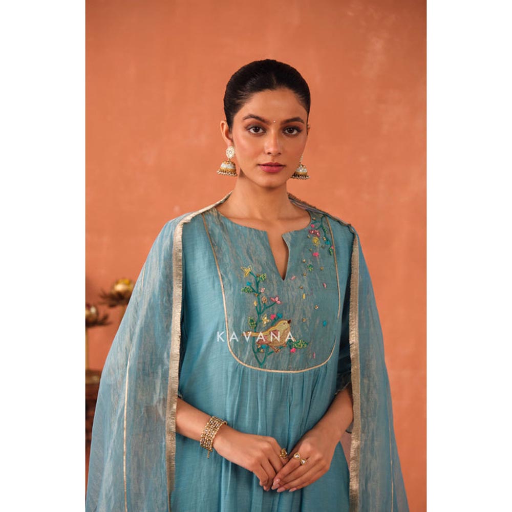 KAVANA Women Embroidered Blue Varuna Chanderi Kurta and Pant