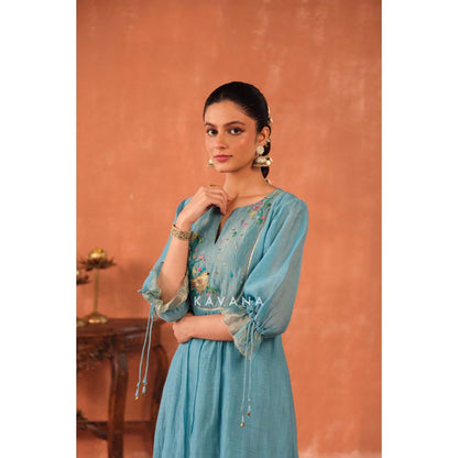 KAVANA Women Embroidered Blue Varuna Chanderi Kurta and Pant