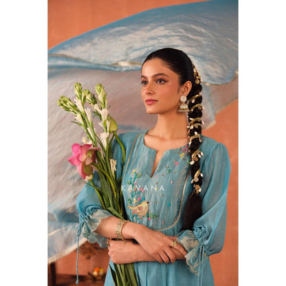 KAVANA Women Embroidered Blue Varuna Chanderi Kurta and Pant