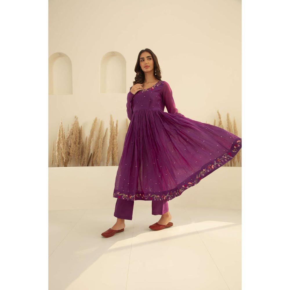KAVANA Women Embroidered Purple Chandra Anarkali Kurta and Pant
