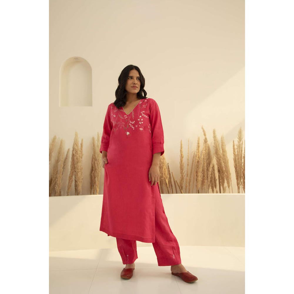 KAVANA Women Embroidered Pink Ruhi Linen Kurta and Pant