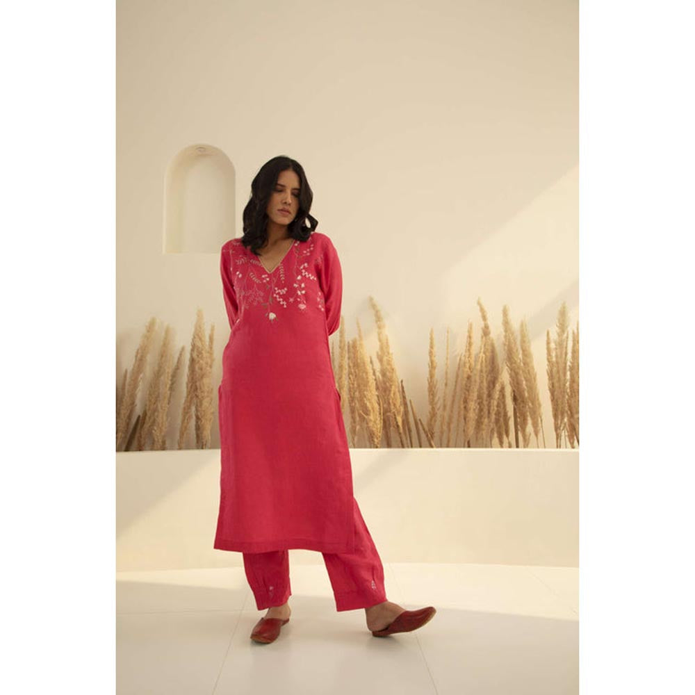 KAVANA Women Embroidered Pink Ruhi Linen Kurta and Pant