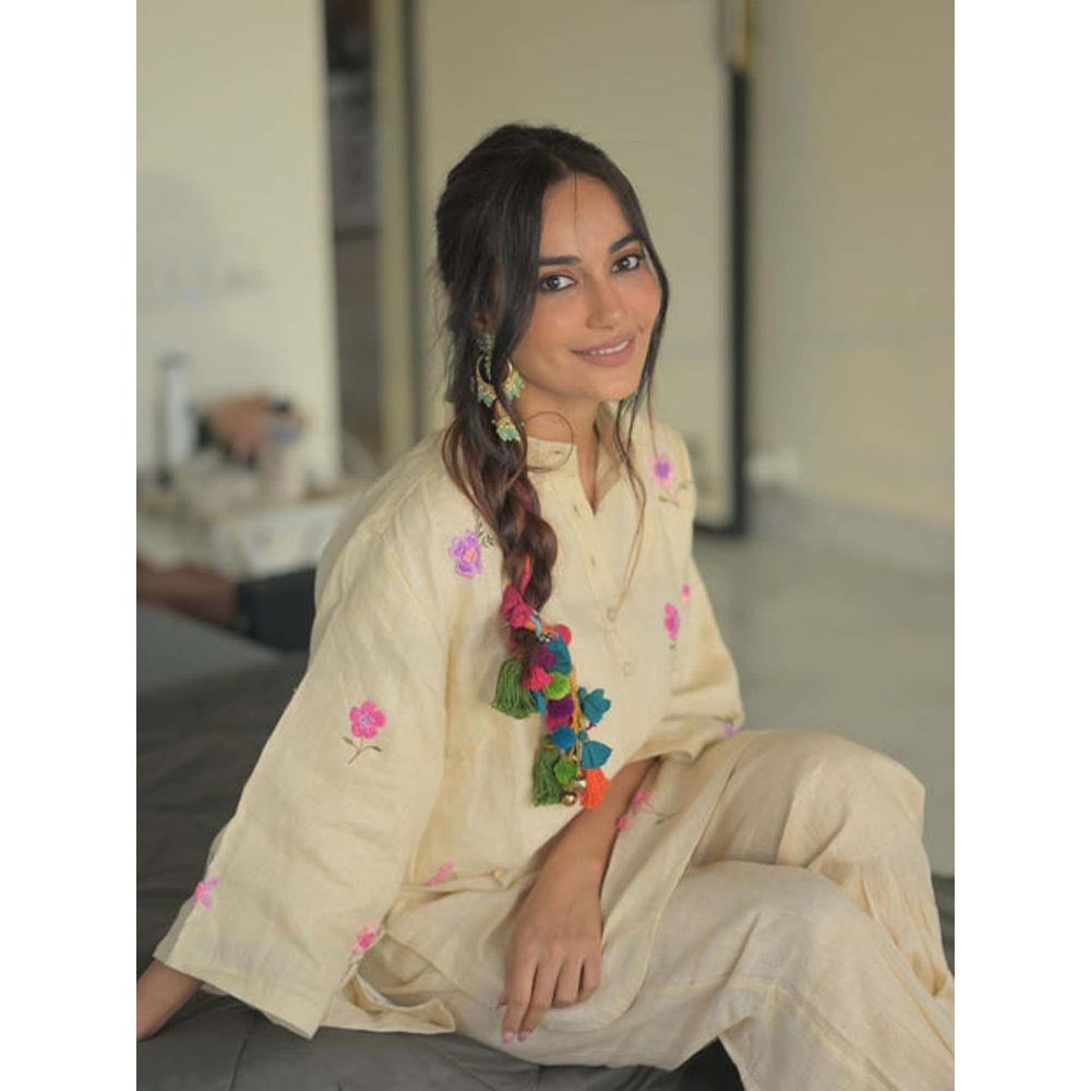 KAVANA Women Embroidered Beige Shaila Kurta and Dhoti Pant