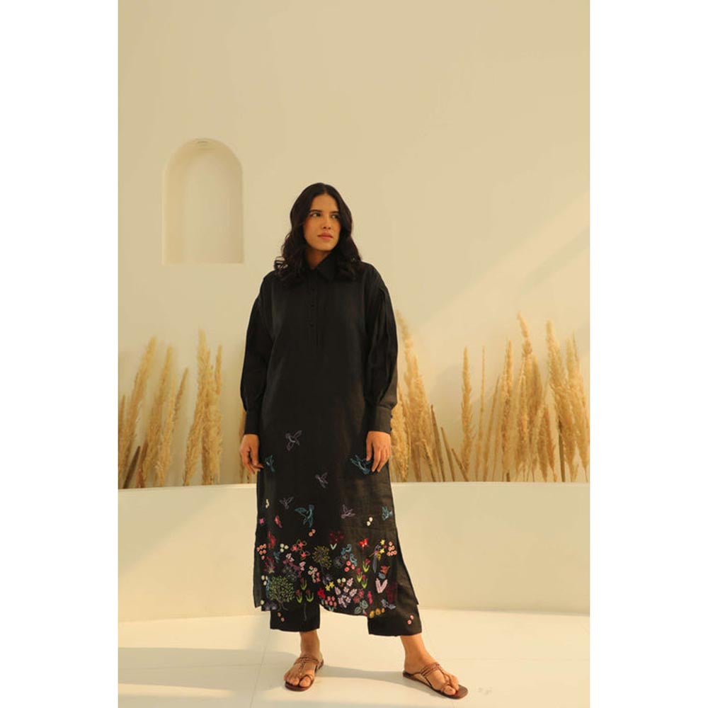 KAVANA Women Embroidered Black Shiuli Kurta and Pant