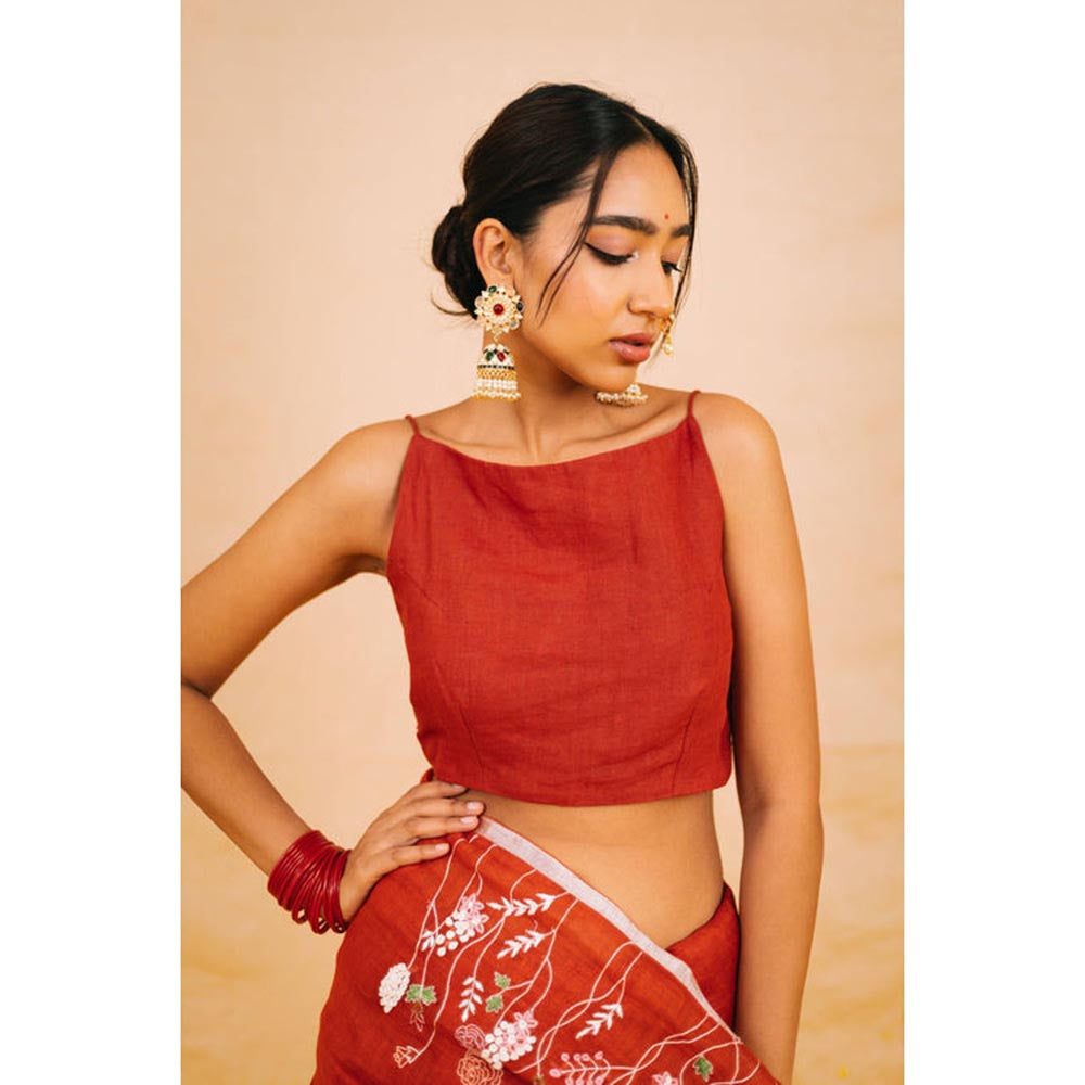 KAVANA Women Floral Embroidered Red Ibtida Linen Stitched Blouse