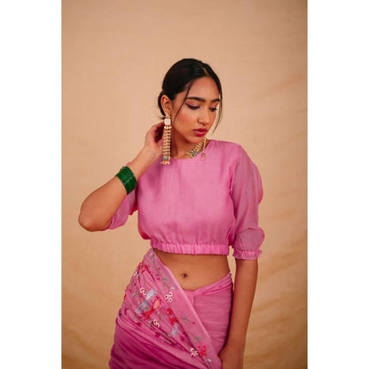 KAVANA Women Pink Puff Sleeves Bindu Stitched Blouse