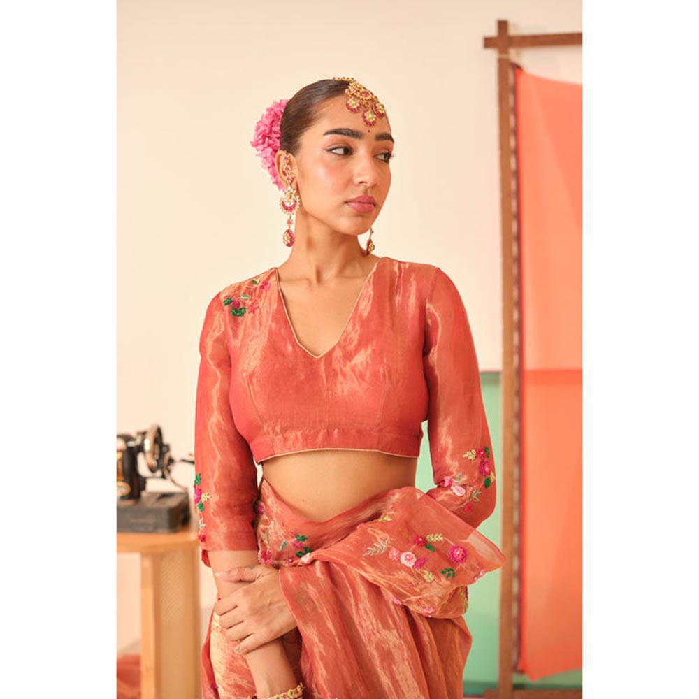 KAVANA Women Embroidered Orange Anandi Silk Tissue Stitched Blouse