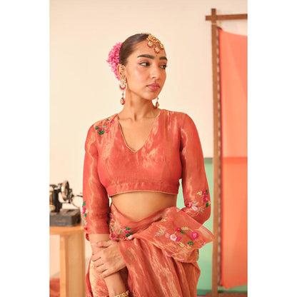 KAVANA Women Embroidered Orange Anandi Silk Tissue Stitched Blouse