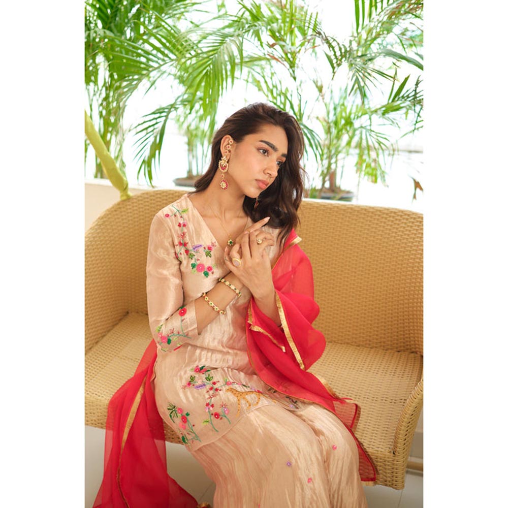 KAVANA Women Embroidered Beige Aarohi Silk Tissue Kurti with Sharara