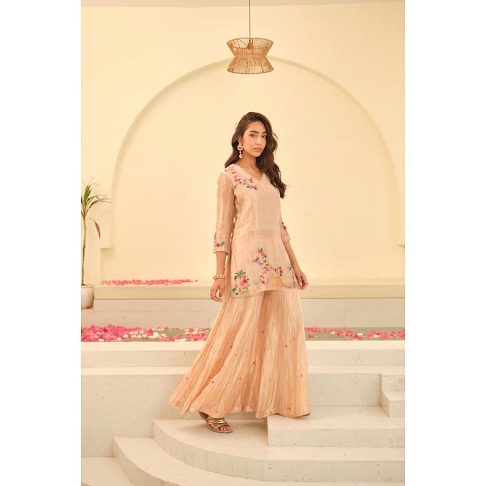 KAVANA Women Embroidered Beige Aarohi Silk Tissue Kurti with Sharara
