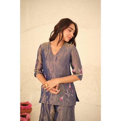 KAVANA Women Embroidered Purple Tanvi Silk Tissue Kurta and Sharara