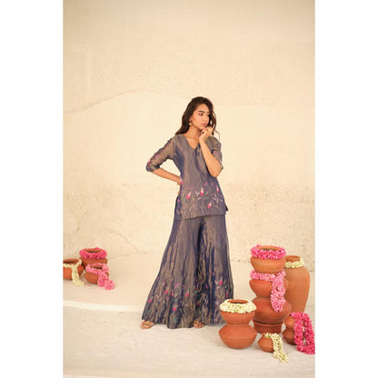 KAVANA Women Embroidered Purple Tanvi Silk Tissue Kurta and Sharara