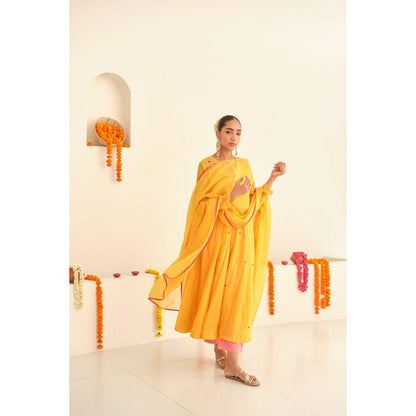 KAVANA Women Embroidered Yellow Sunehri Chanderi Kurta and Pant
