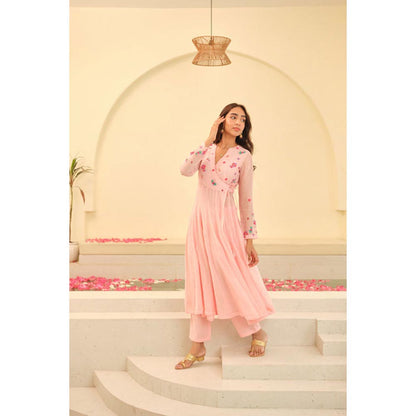 KAVANA Women Embroidered Pink Alka Chanderi Kurta with Pant