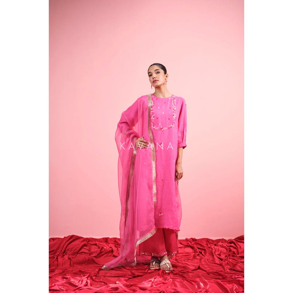 KAVANA Women Pink Embroidered Gulabi Linen Straight Kurta with Palazzo