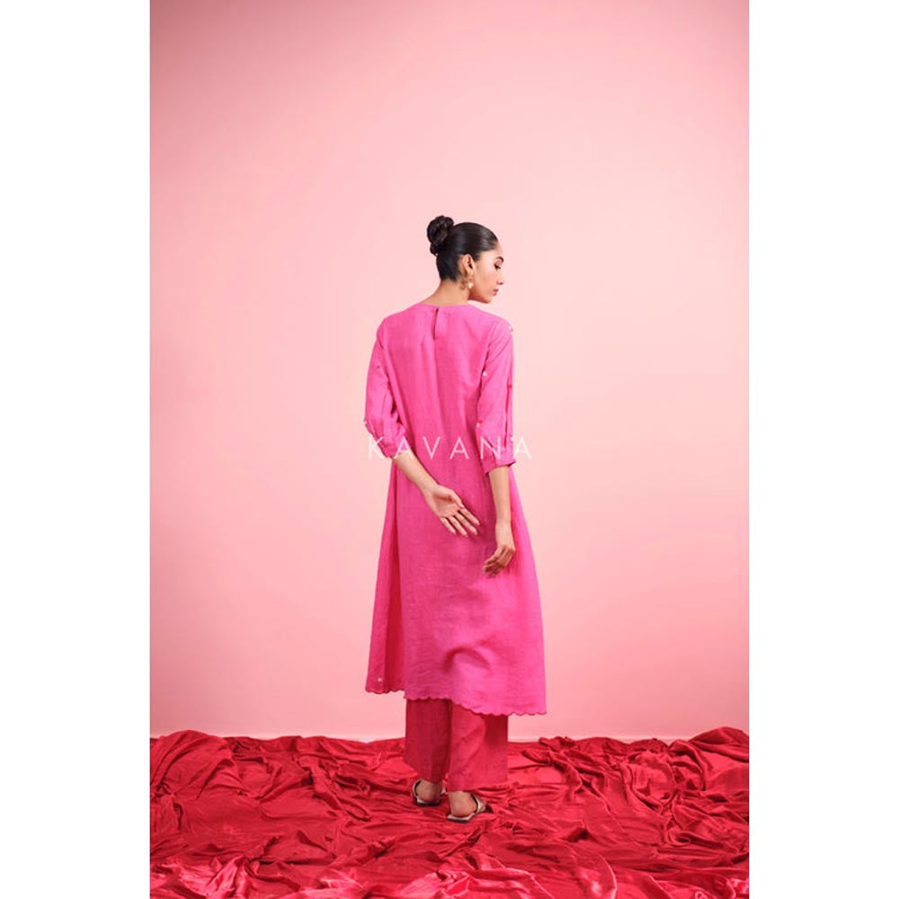 KAVANA Women Pink Embroidered Gulabi Linen Straight Kurta with Palazzo