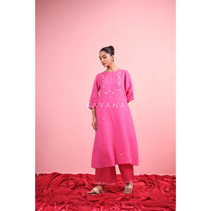 KAVANA Women Pink Embroidered Gulabi Linen Straight Kurta with Palazzo