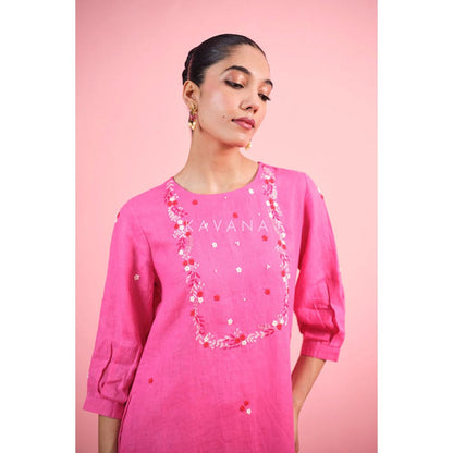 KAVANA Women Pink Embroidered Gulabi Linen Straight Kurta with Palazzo