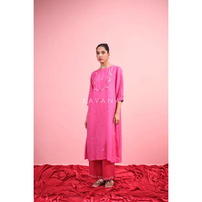 KAVANA Women Pink Embroidered Gulabi Linen Straight Kurta with Palazzo