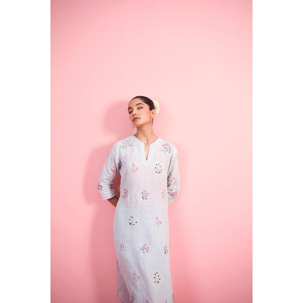 KAVANA Women Embroidered White Aabhira Linen Kurta with Pant