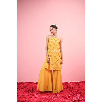 KAVANA Women Embroidered Yellow Surbhi Chanderi Kurta and Sharara
