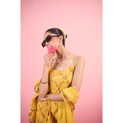 KAVANA Women Embroidered Yellow Surbhi Chanderi Kurta and Sharara