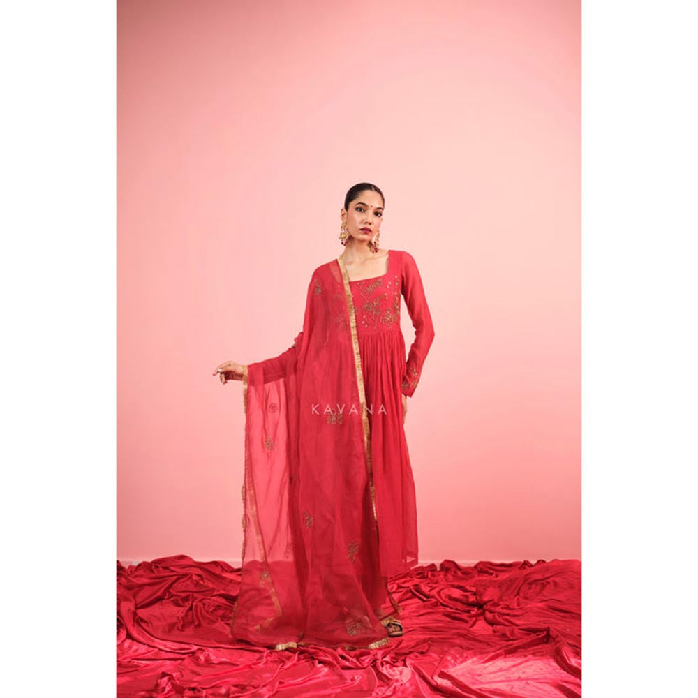 KAVANA Women Embroidered Red Rituja Chanderi Kurta with Pant